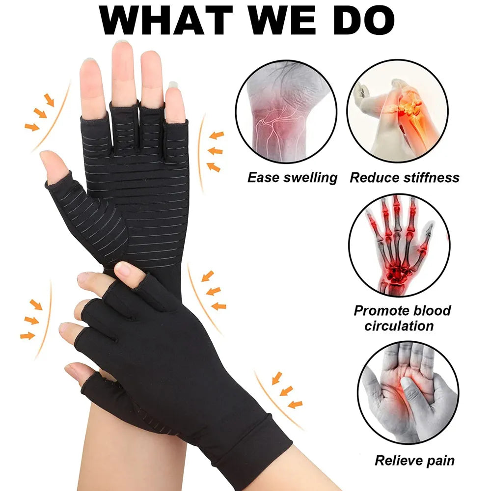 1Pair Copper Arthritis Compression Gloves Women Men Relieve Hand Pain Swelling and Carpal Tunnel Fingerless for Typing