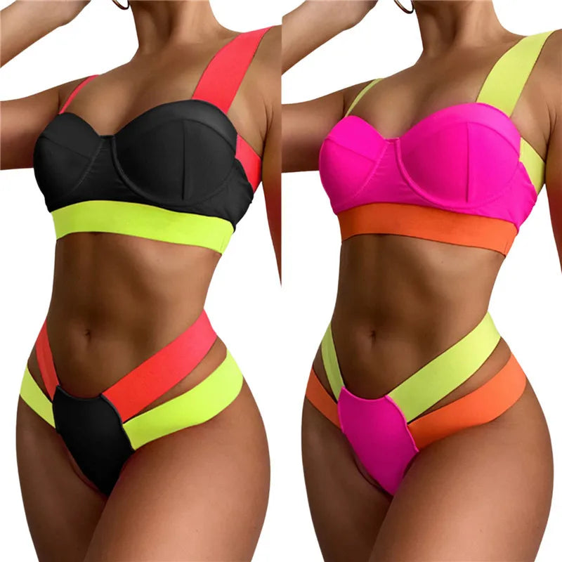 2021 New Sexy Bikini Solid Push up High Waist Triangle Bottoms Swimsuit Women Swimwear Splicing Bathing Suit Beach Swimming Suit