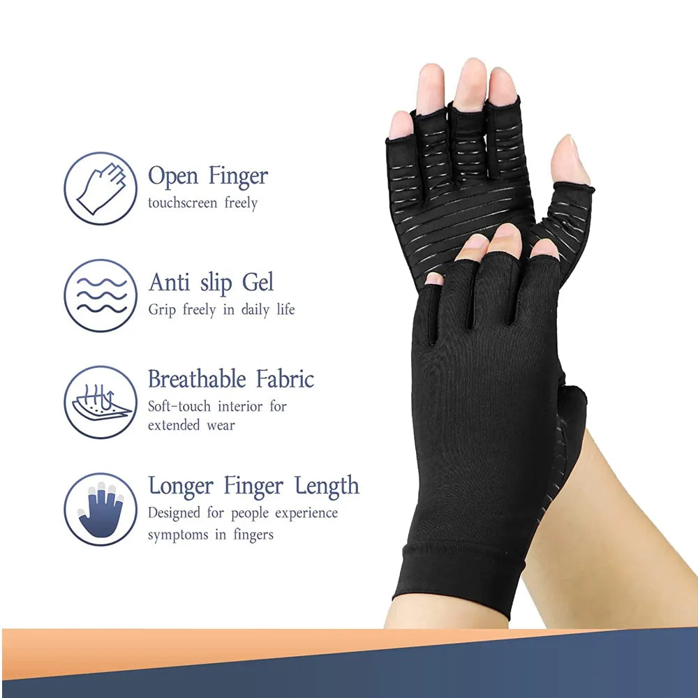 1Pair Copper Arthritis Compression Gloves Women Men Relieve Hand Pain Swelling and Carpal Tunnel Fingerless for Typing