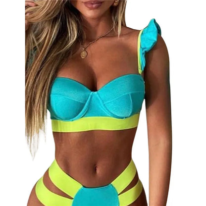 2021 New Sexy Bikini Solid Push up High Waist Triangle Bottoms Swimsuit Women Swimwear Splicing Bathing Suit Beach Swimming Suit