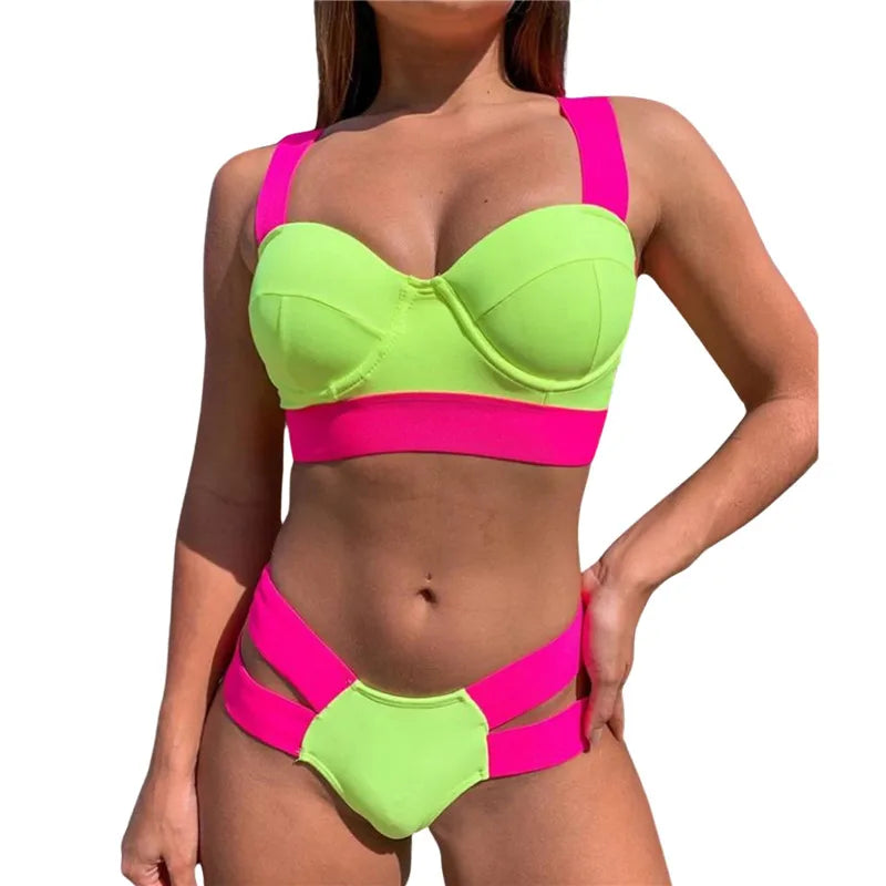 2021 New Sexy Bikini Solid Push up High Waist Triangle Bottoms Swimsuit Women Swimwear Splicing Bathing Suit Beach Swimming Suit