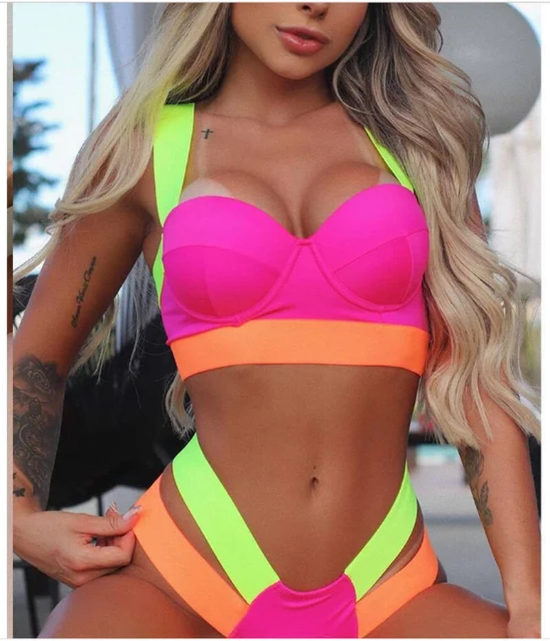 2021 New Sexy Bikini Solid Push up High Waist Triangle Bottoms Swimsuit Women Swimwear Splicing Bathing Suit Beach Swimming Suit